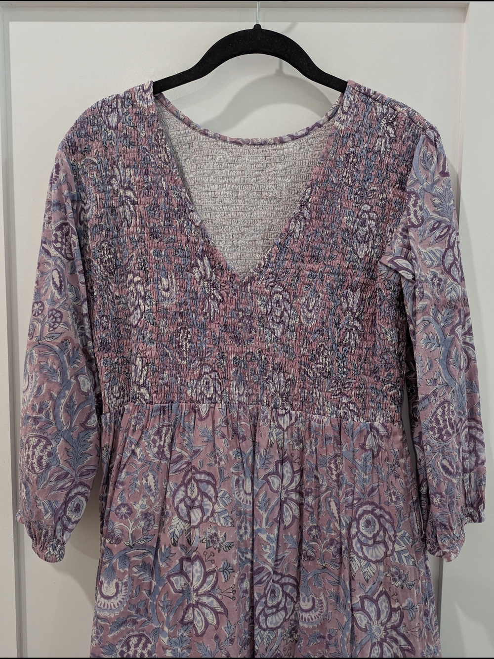 Bohemian Floral Smocked V-Neck Maxi Dress - Dusty Rose And Lavender - Picture 4 of 4
